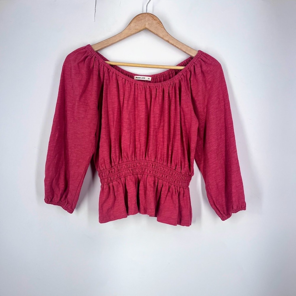 Marine Layer Womens Christiana Knit Top Cotton Slub Smocked Peplum Top Size XS - Picture 1 of 14